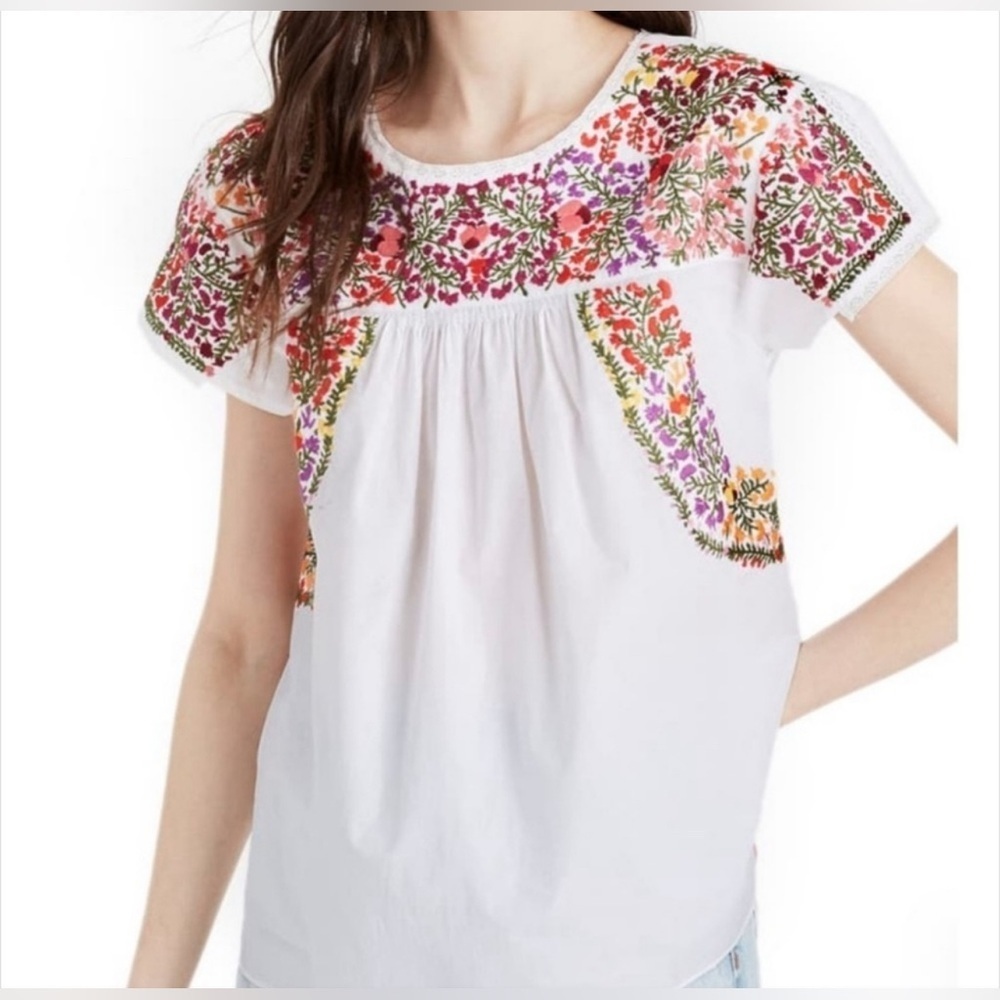 Madewell Embroidered Cotton Peasant Top Size XXS White Multicolor Floral